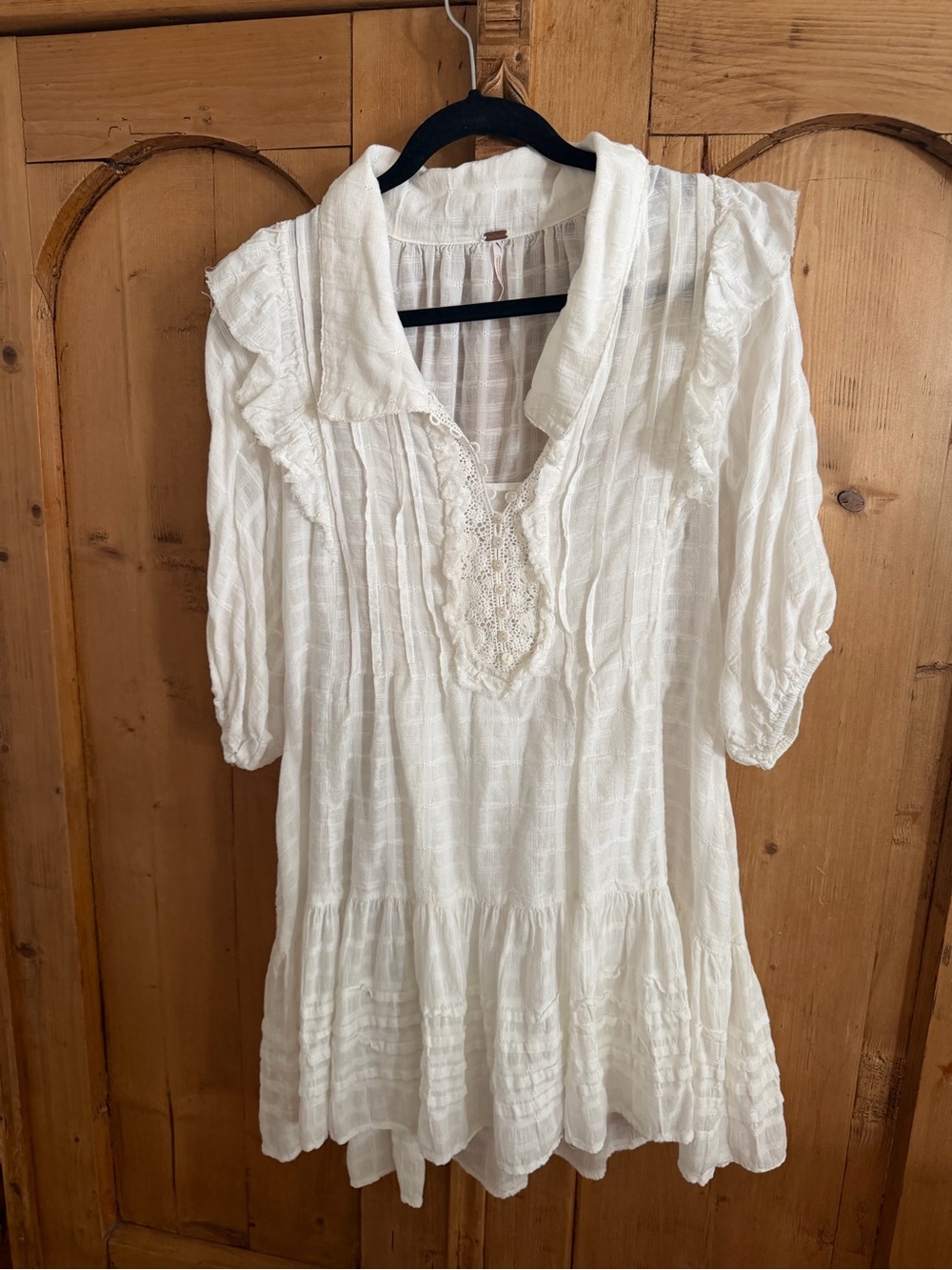 Free People Cream Ruffled Cotton Tunic with Lace V-Neck